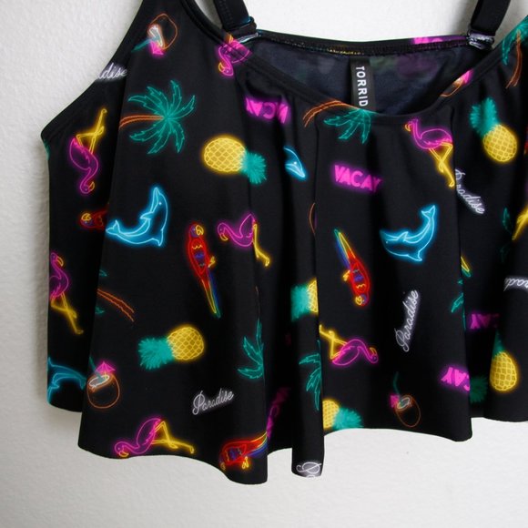 Torrid Neon Lights Flounce Bikini Top Palm Tree Flamingo Black 2X - Picture 6 of 7